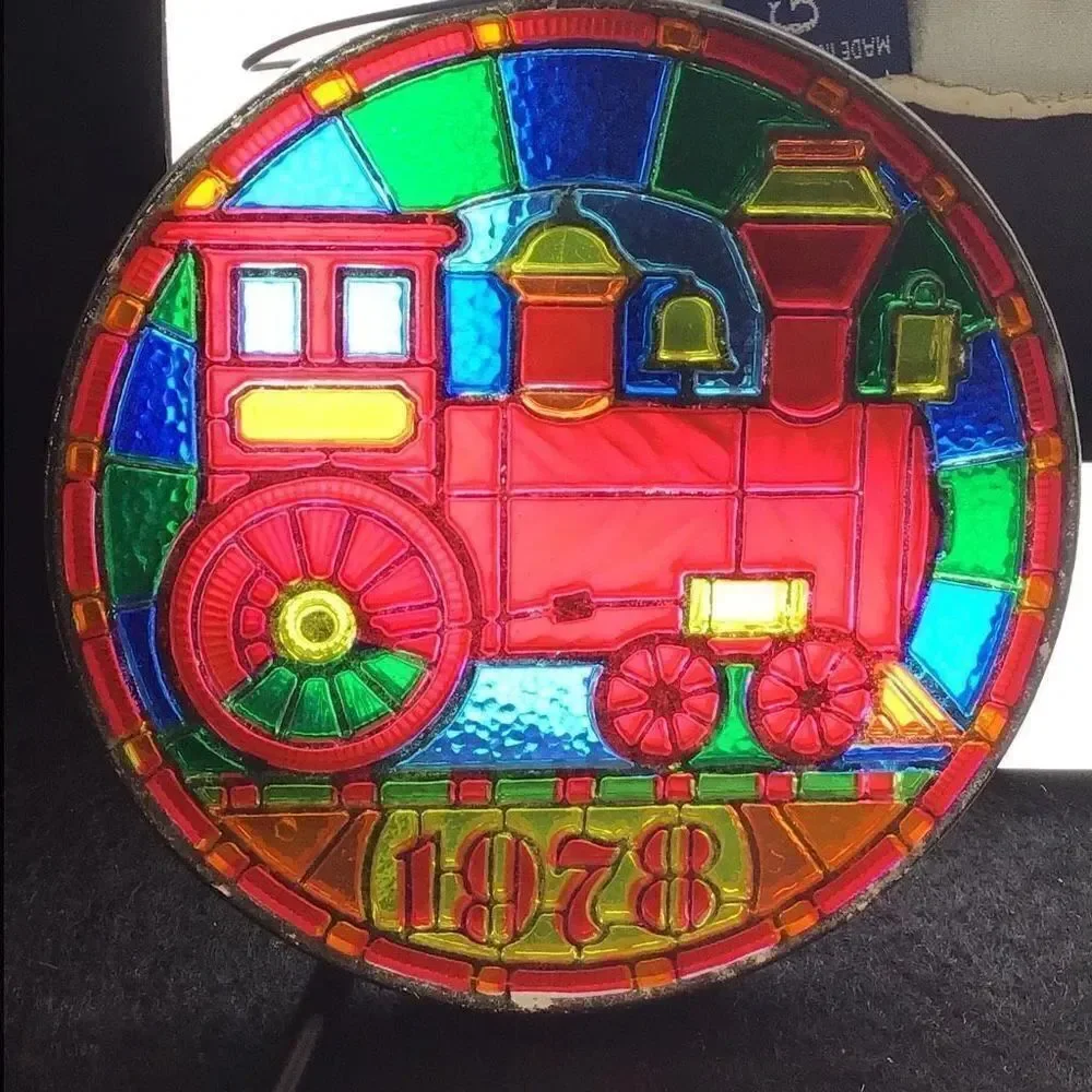 Vintage 1978 3 inch round stained glass like Train ornament